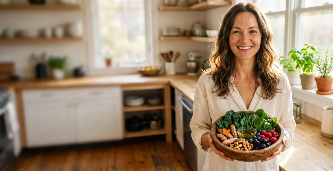 Femme au teint lumineux et aux cheveux brillants entourée d'aliments frais et colorés symbolisant une alimentation anti-inflammatoire