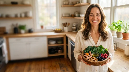 Femme au teint lumineux et aux cheveux brillants entourée d'aliments frais et colorés symbolisant une alimentation anti-inflammatoire