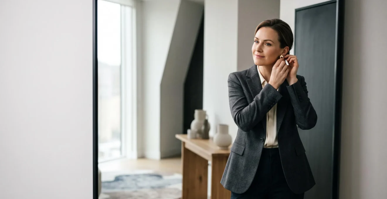 Femme professionnelle finalisant sa préparation devant un miroir avant une présentation importante