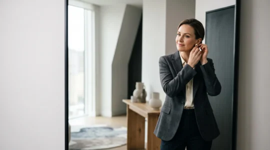 Femme professionnelle finalisant sa préparation devant un miroir avant une présentation importante