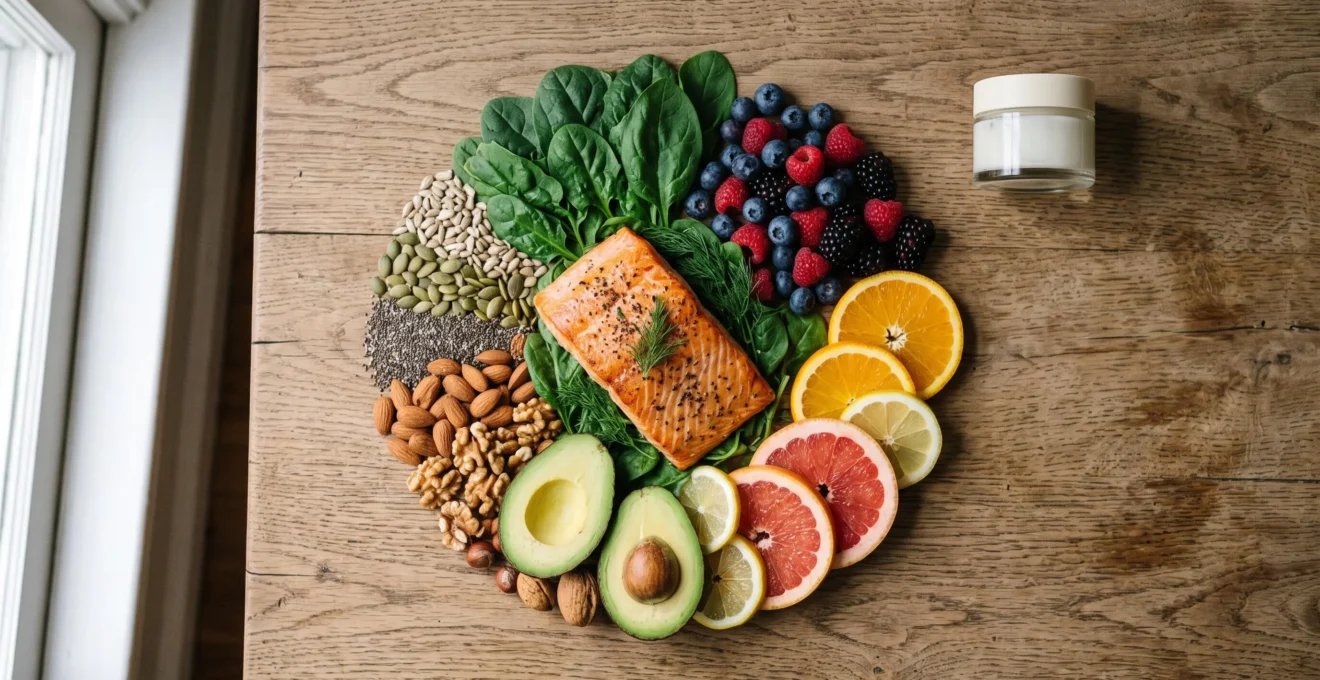 Une assiette composée d'aliments colorés riches en nutriments essentiels pour la peau, symbolisant le lien entre alimentation et éclat cutané