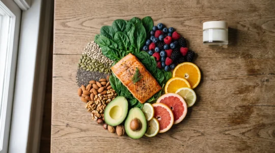 Une assiette composée d'aliments colorés riches en nutriments essentiels pour la peau, symbolisant le lien entre alimentation et éclat cutané