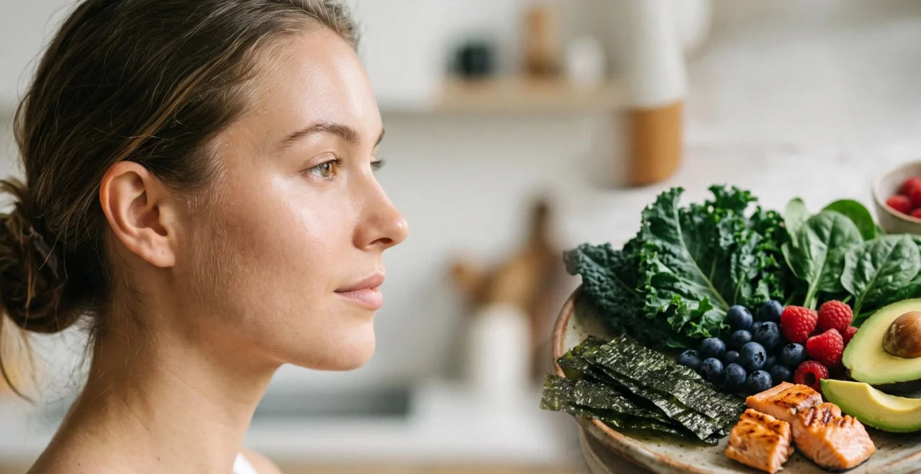 Une assiette composée d'aliments colorés et bruts posée à côté d'un visage de femme à la peau lumineuse, symbolisant le lien entre alimentation et jeunesse cutanée