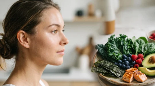 Une assiette composée d'aliments colorés et bruts posée à côté d'un visage de femme à la peau lumineuse, symbolisant le lien entre alimentation et jeunesse cutanée