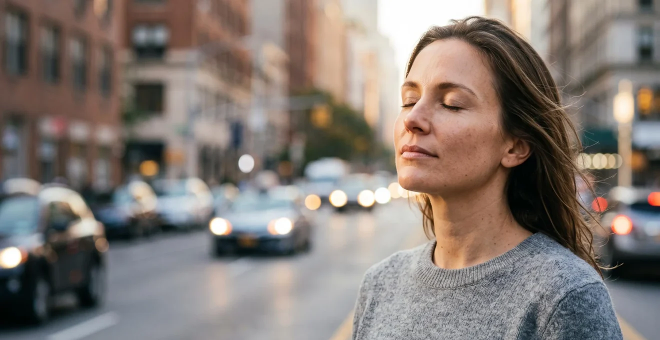 Portrait éditorial d'une femme au teint lumineux dans une rue urbaine baignée de lumière matinale, symbolisant la protection de la peau contre la pollution et les UV