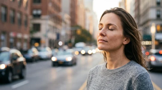 Portrait éditorial d'une femme au teint lumineux dans une rue urbaine baignée de lumière matinale, symbolisant la protection de la peau contre la pollution et les UV