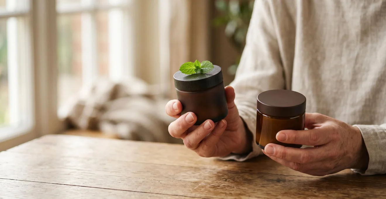 Mains comparant délicatement deux pots de crème sans étiquette lisible, symbolisant le choix entre cosmétique bio certifié et produit simplement dit naturel