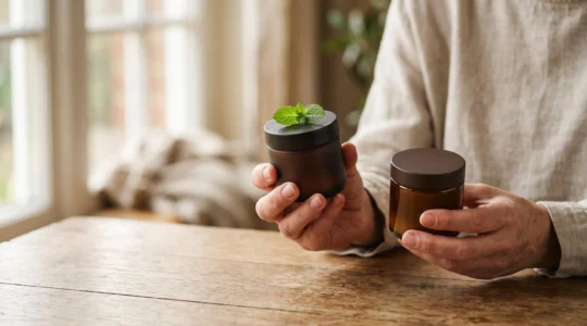 Mains comparant délicatement deux pots de crème sans étiquette lisible, symbolisant le choix entre cosmétique bio certifié et produit simplement dit naturel