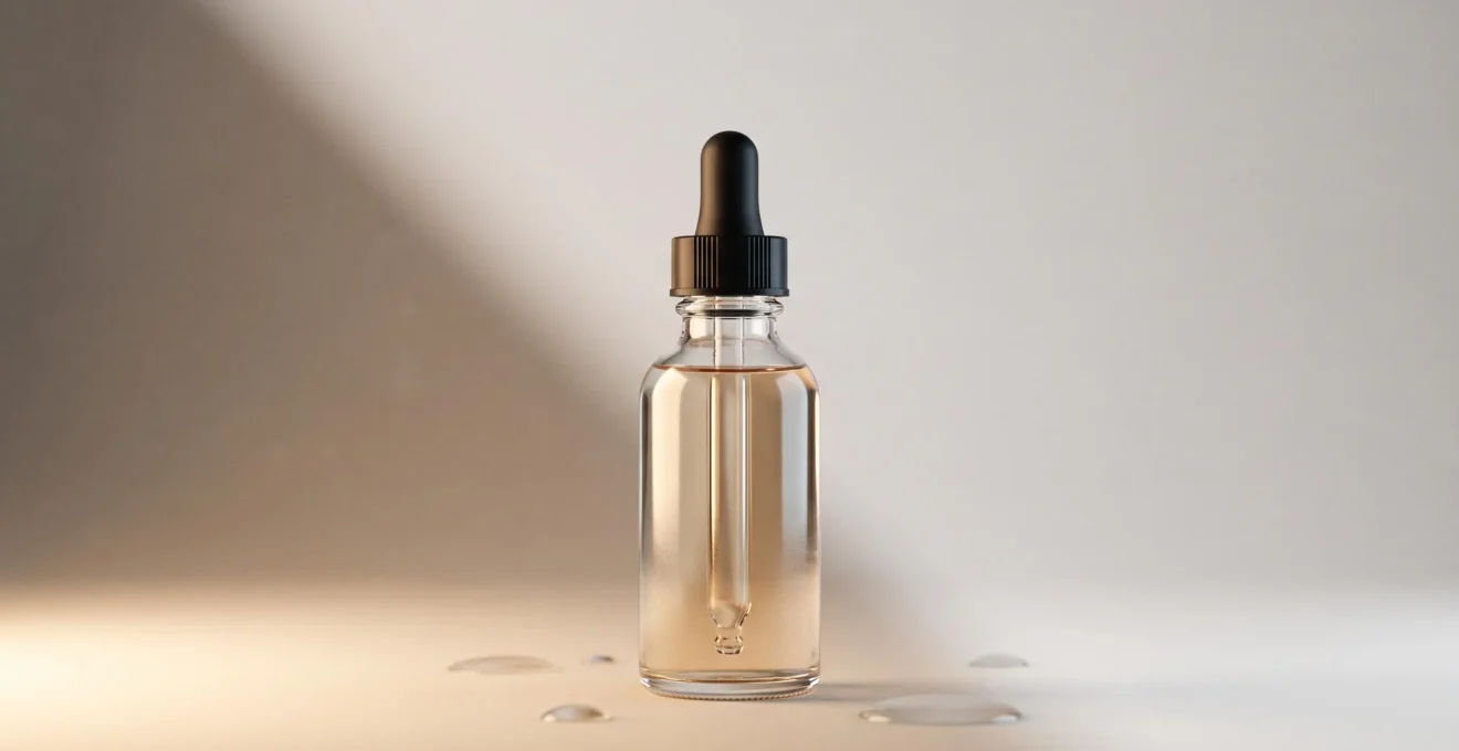 Flacon de sérum cosmétique éclairé de deux façons opposées, symbolisant le doute entre innovation réelle et marketing