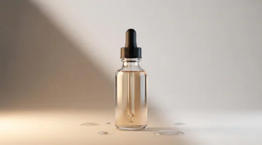 Flacon de sérum cosmétique éclairé de deux façons opposées, symbolisant le doute entre innovation réelle et marketing