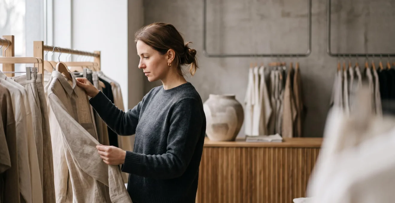 Une personne examine attentivement une etiquette de vetement neutre dans une boutique lumineuse, symbolisant la vigilance face au greenwashing dans la mode