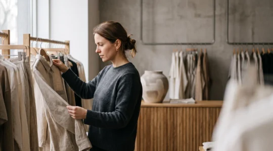 Une personne examine attentivement une etiquette de vetement neutre dans une boutique lumineuse, symbolisant la vigilance face au greenwashing dans la mode