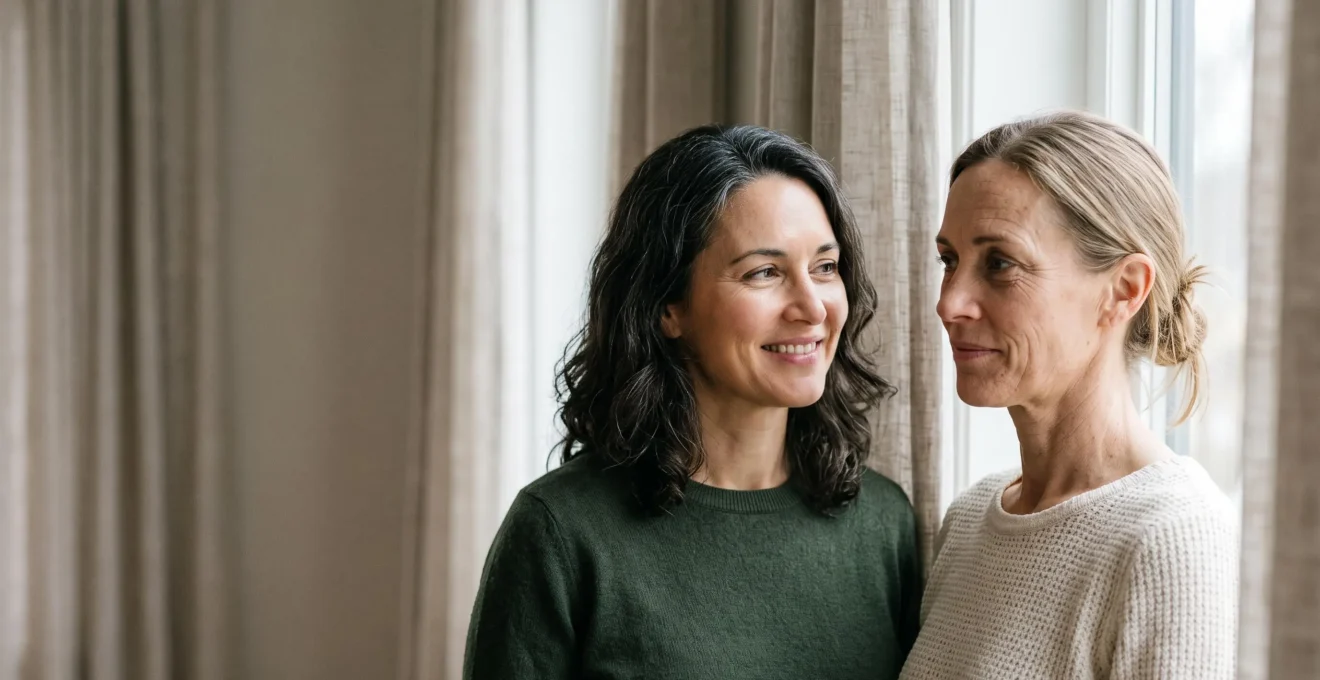 Portrait éditorial de deux sœurs au teint et à la texture de peau visiblement différents, illustrant l'impact de l'exposome sur le vieillissement cutané malgré une génétique commune