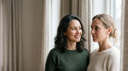 Portrait éditorial de deux sœurs au teint et à la texture de peau visiblement différents, illustrant l'impact de l'exposome sur le vieillissement cutané malgré une génétique commune