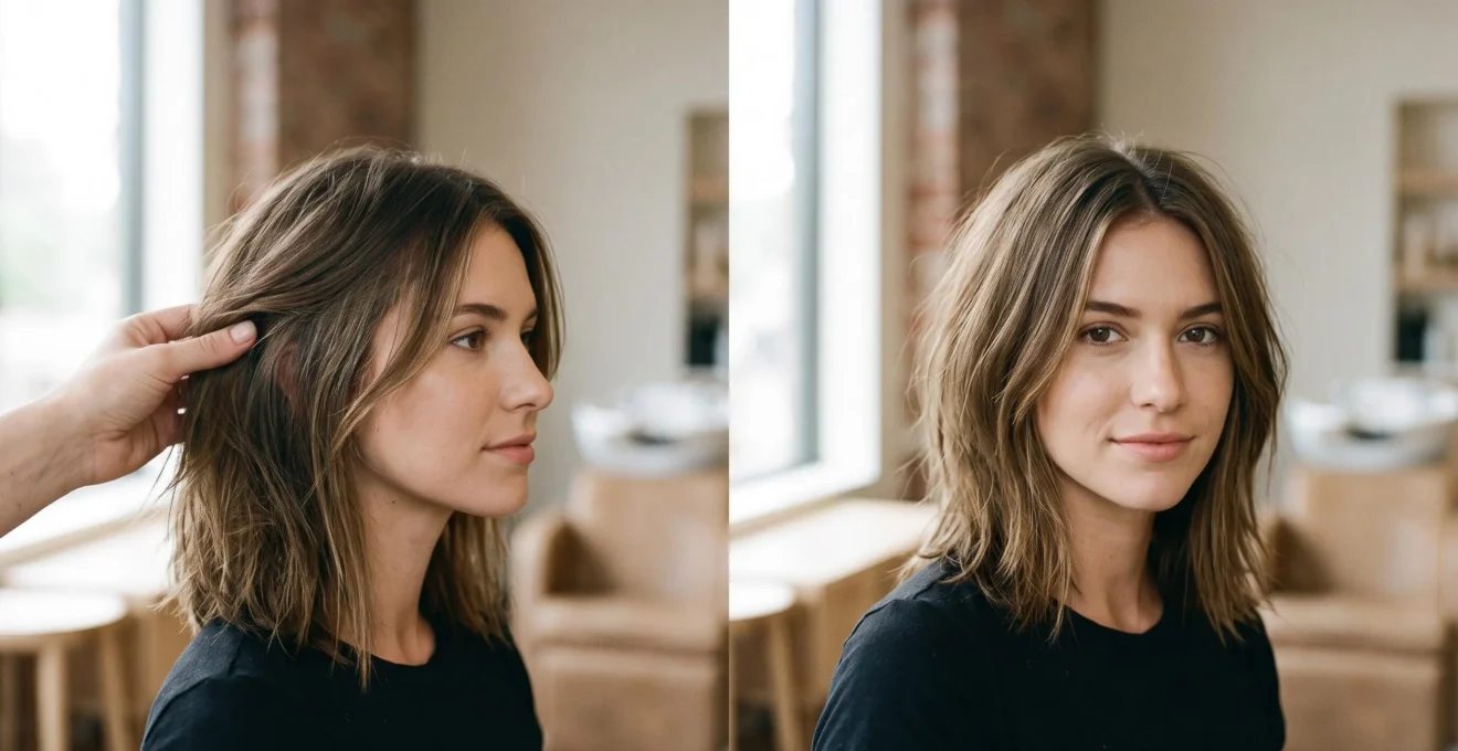 Une femme de profil et de face illustrant le diagnostic de forme de visage pour choisir entre un lob et un shag