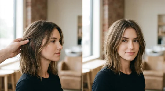 Une femme de profil et de face illustrant le diagnostic de forme de visage pour choisir entre un lob et un shag