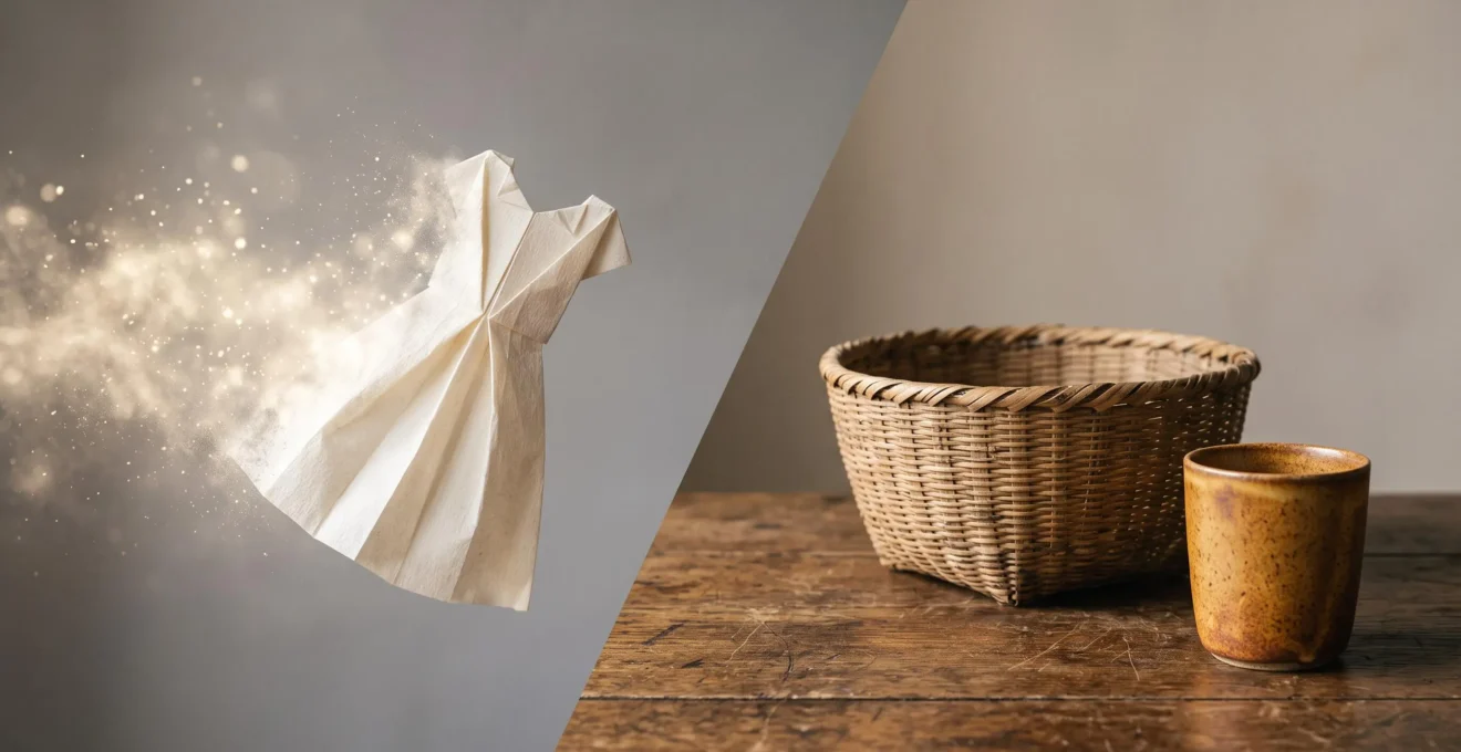 Composition éditoriale illustrant la différence entre une tendance mode éphémère et une habitude de vie durablement adoptée