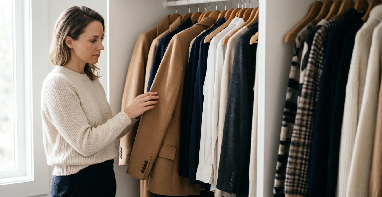 Femme élégante face à son dressing organisé, incarnant la recherche d'un style vestimentaire signature durable