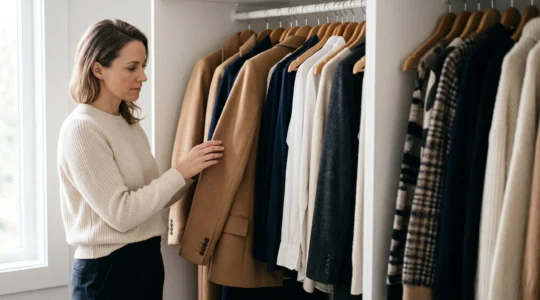 Femme élégante face à son dressing organisé, incarnant la recherche d'un style vestimentaire signature durable
