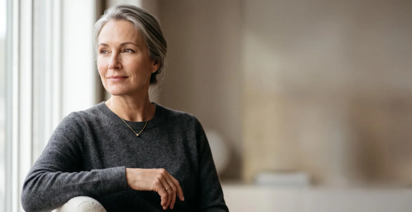Portrait éditorial d'une femme d'âge mûr au regard confiant, symbolisant la réflexion autour d'un choix esthétique entre soins et chirurgie