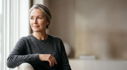 Portrait éditorial d'une femme d'âge mûr au regard confiant, symbolisant la réflexion autour d'un choix esthétique entre soins et chirurgie