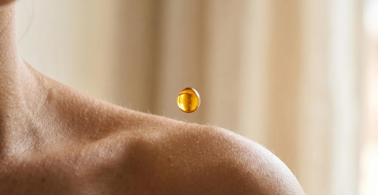 Goutte d'huile végétale dorée en suspension au-dessus d'une peau lumineuse, symbole d'équilibre entre nutrition et légèreté