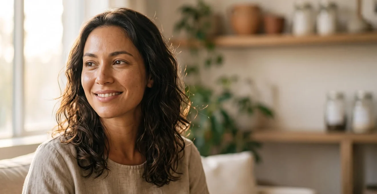 Portrait éditorial d'une femme au teint lumineux et naturel grâce à un maquillage bio impeccable qui tient toute la journée