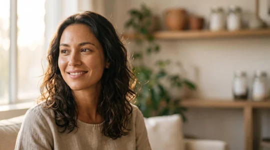 Portrait éditorial d'une femme au teint lumineux et naturel grâce à un maquillage bio impeccable qui tient toute la journée