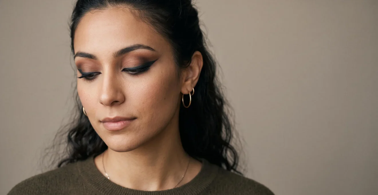 Portrait beauté d'une femme avec un maquillage soft glam et fox eye adapté à la forme de son visage, regard sublimé en lumière naturelle