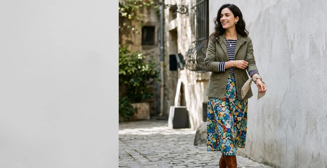 Silhouette elegante melangeant rayures, pois et imprime fleuri dans une tenue harmonieuse