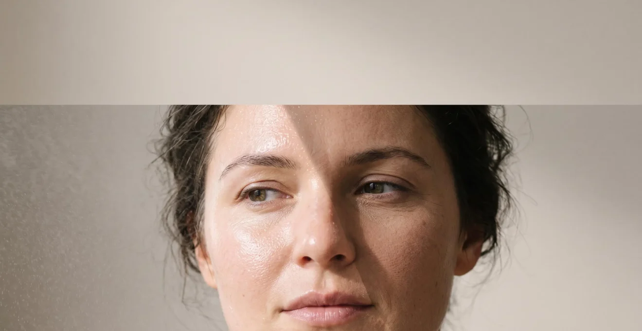Gros plan artistique du visage divisé en deux textures de peau, illustrant la différence entre déshydratation et sécheresse cutanée