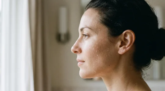 Gros plan éditorial sur une peau au grain lisse et uniforme, illustrant l'effacement des rugosités invisibles