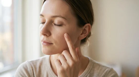 Portrait beauté épuré illustrant une peau sensible saine et apaisée après une exfoliation douce