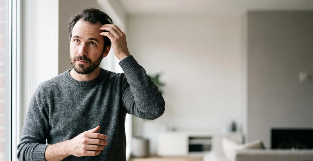 Portrait editorial d'un homme evaluant sa ligne capillaire pour une greffe naturelle