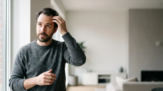 Portrait editorial d'un homme evaluant sa ligne capillaire pour une greffe naturelle