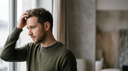 Jeune homme observant attentivement sa ligne de cheveux dans une lumière naturelle, symbolisant les premiers signes discrets de calvitie