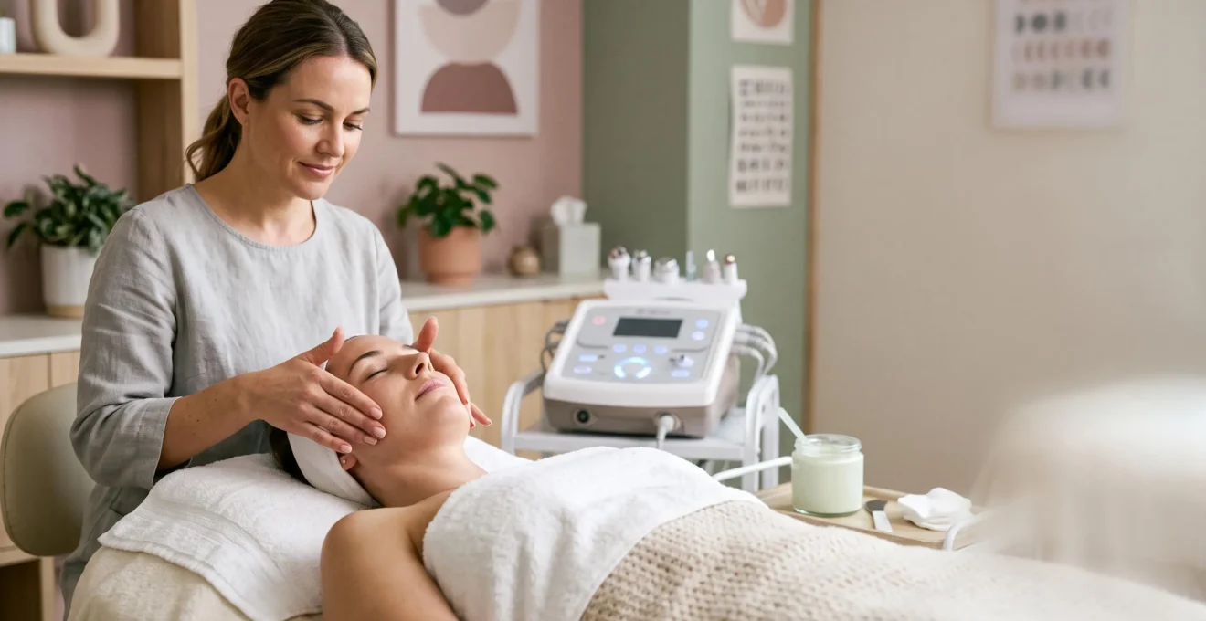 Esthéticienne réalisant un soin du visage professionnel en institut de beauté, symbolisant le choix d'un protocole esthétique efficace