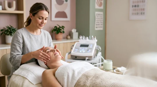 Esthéticienne réalisant un soin du visage professionnel en institut de beauté, symbolisant le choix d'un protocole esthétique efficace