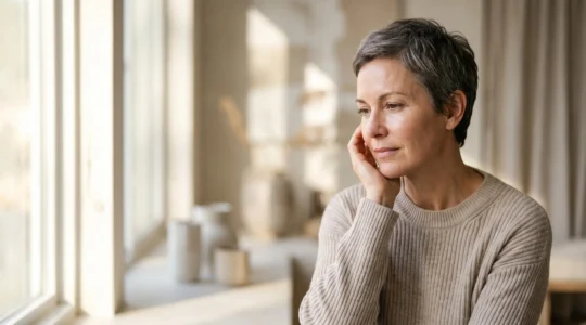 Portrait éditorial d'une femme mature à la peau lumineuse illustrant la régénération cellulaire après 40 ans