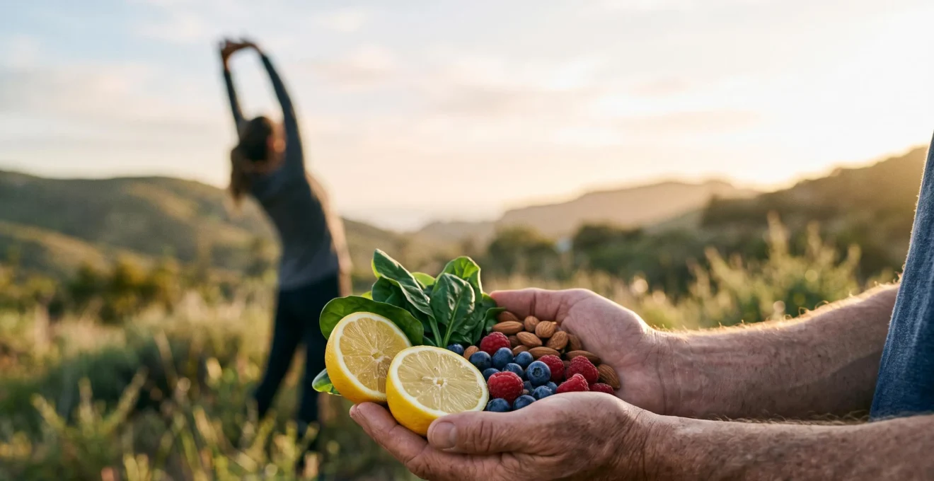 Silhouette d'une personne au lever du soleil entourée d'aliments frais et vibrants symbolisant la regeneration cellulaire par l'alimentation et le mode de vie