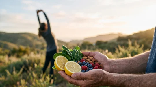 Silhouette d'une personne au lever du soleil entourée d'aliments frais et vibrants symbolisant la regeneration cellulaire par l'alimentation et le mode de vie