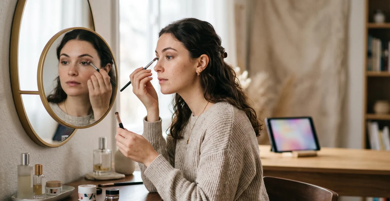 Femme concentrée appliquant avec précision un fard à paupières devant un miroir, reproduisant chez elle une technique de maquillage complexe vue en ligne.
