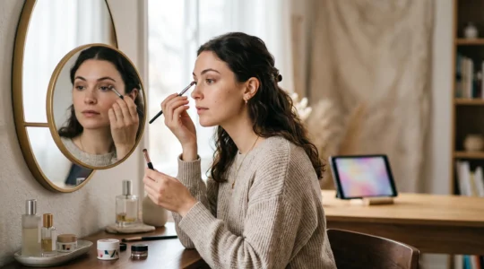 Femme concentrée appliquant avec précision un fard à paupières devant un miroir, reproduisant chez elle une technique de maquillage complexe vue en ligne.