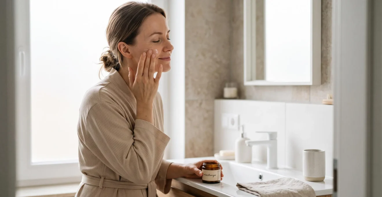 Femme appliquant sa creme hydratante le matin dans une salle de bain minimaliste et lumineuse