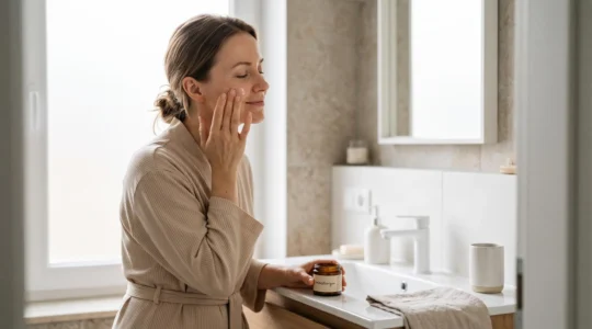 Femme appliquant sa creme hydratante le matin dans une salle de bain minimaliste et lumineuse