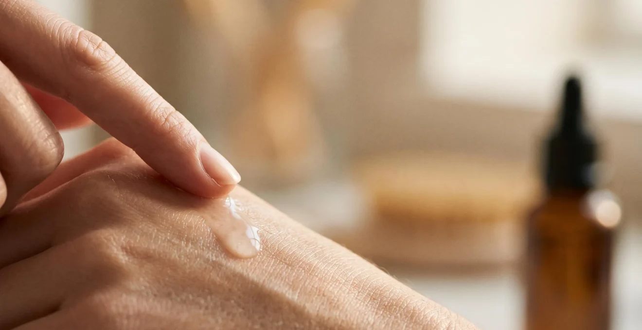 Goutte de sérum hydratant transparent appliquée du bout des doigts sur une peau lumineuse, sans texte ni packaging visible