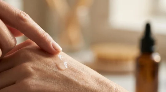 Goutte de sérum hydratant transparent appliquée du bout des doigts sur une peau lumineuse, sans texte ni packaging visible