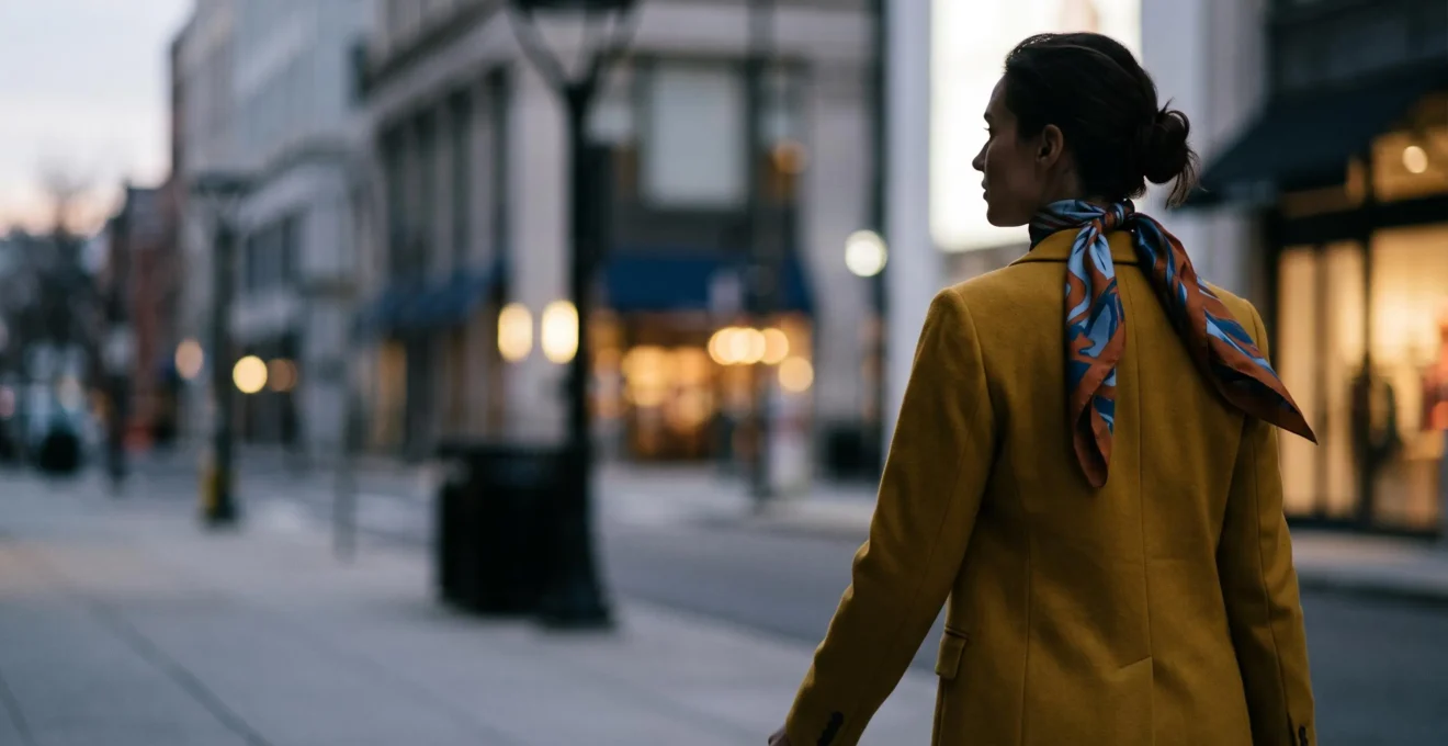 Silhouette élégante de dos, reconnaissable grâce à une veste structurée et une touche de couleur signature, sans que le visage ne soit visible.