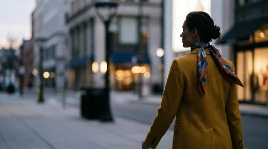Silhouette élégante de dos, reconnaissable grâce à une veste structurée et une touche de couleur signature, sans que le visage ne soit visible.