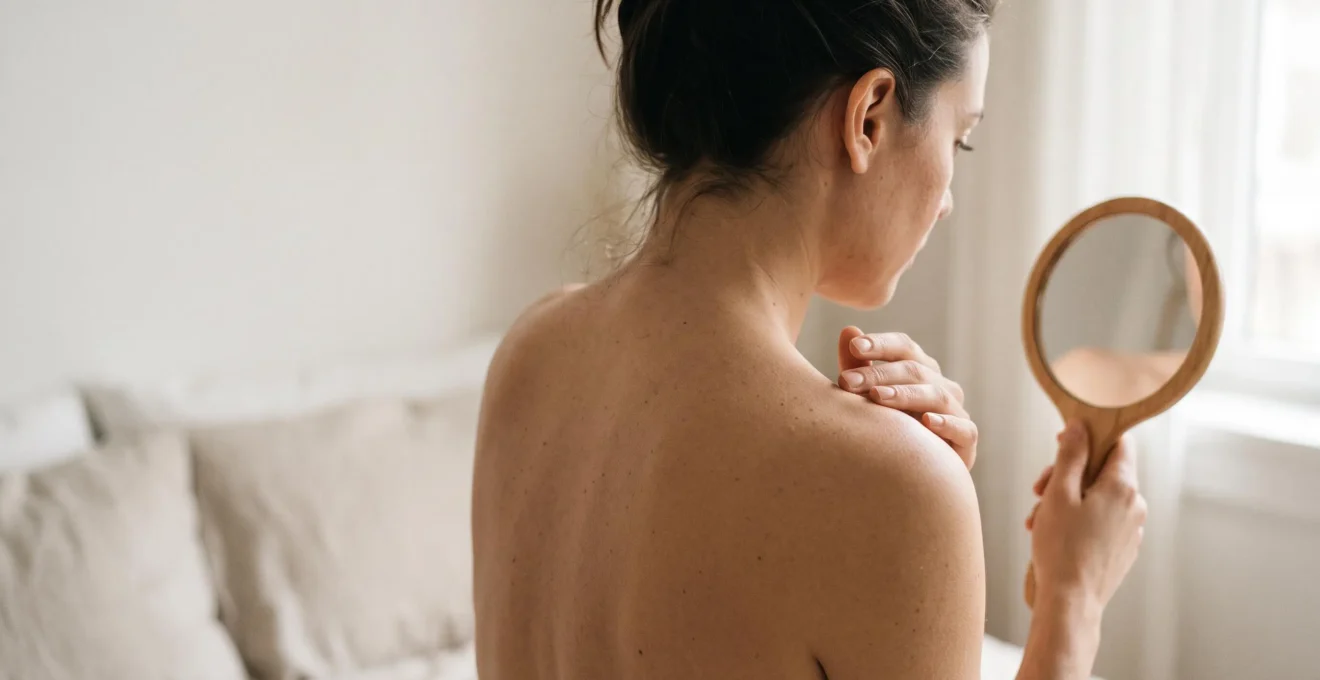 Personne examinant son épaule dans un miroir à la lumière naturelle du matin pour surveiller ses grains de beauté